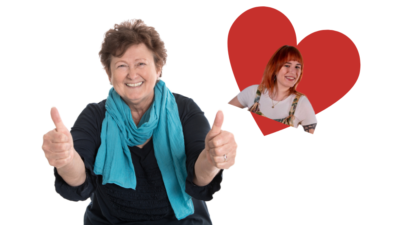 Emily inside a floating heart next to and older woman giving two thumbs up. Photo credit to Shutterstock.