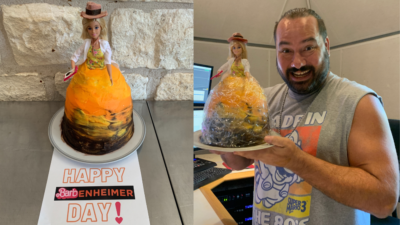 A picture of Emily's barbie-oppenheimer themed cake, and a picture of Nick holding the cake.
