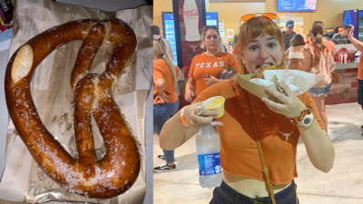 Emily eating a soft pretzel at a UT game and also a photo of a big soft pretzel