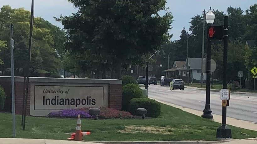 A sign for the University of Indianapolis in Indianapolis, Ind.