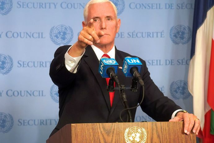 U.S. Vice President Mike Pence speaks during a press conference after the UN Security Council meeting on the situation in Venezu