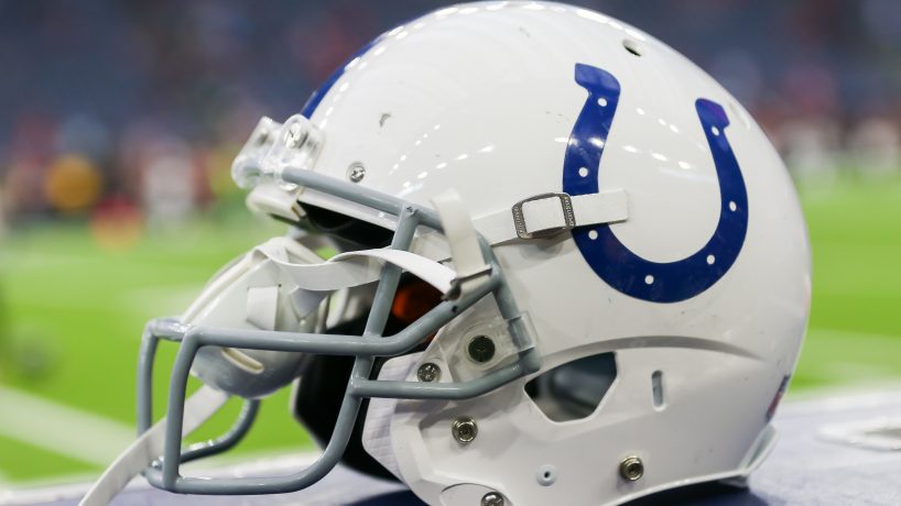 A helmet belonging to a member of the Indianapolis Colts NFL team.