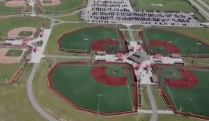 Aerial view of the baseball diamond complex at Grand Park in Westfield
