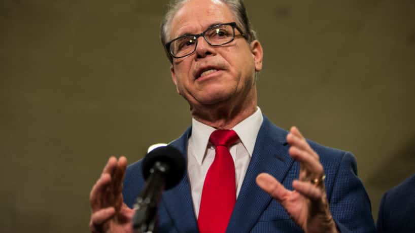 U.S. Sen. Mike Braun (R-IN) speaks to reporters in the Senate basement at the U.S. Capitol as the Senate impeachment trial of U.S. President Donald Trump continues on January 30, 2020 in Washington, DC. On Thursday, Senators continued asking questions for the House impeachment managers and the president's defense team. (Photo by Zach Gibson/Getty Images)