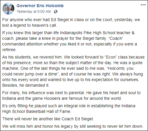 A Facebook post from Governor Holcomb on Ed Siegel