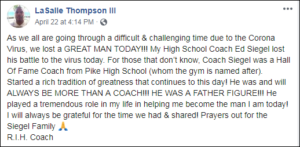 A Facebook post from LaSalle Thompson on Ed Siegel