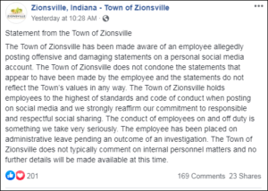 A Facebook statement made by the town of Zionsville