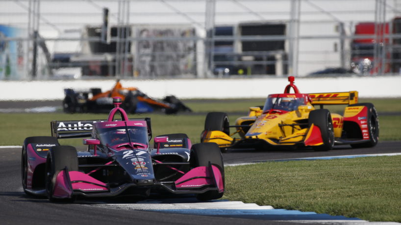 Alexander Rossi and Ryan Hunter-Reay sail through Turn 9 during the final warmup for the 2020 GMR Grand Prix at the Indianapolis Motor Speedway.