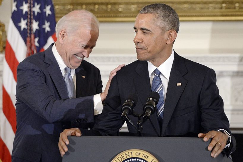 U.S. President Barack Obama delivers remarks at a tribute to Vice-President Joe Biden (L) during an event in the State Dining room of the White House, January 12, 2017 in Washington, DC. Obama presented the Medal of Freedom to Vice President Joe Biden. (Photo by Olivier Douliery-Pool/Getty Images)