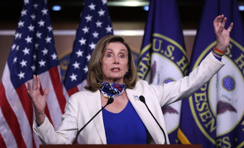 Speaker of the House Nancy Pelosi (D-CA) talks to reporters during her weekly news conference in the House Visitors Center at the U.S. Capitol on October 01, 2020 in Washington, DC. Pelosi had a warning for President Donald Trump not to place hope in maneuvers in Congress to help him win the November election. 'Don't cause chaos,' she said. 'Because that light at the end of the tunnel in the House is going to be a train coming right at your plan.' (Photo by Chip Somodevilla/Getty Images)