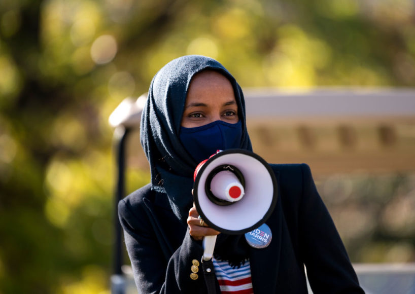 Congressional candidate Rep. Ilhan Omar (D-MN) speaks during a get out the vote event on the University of Minnesota campus on November 3, 2020 in Minneapolis, Minnesota. After a record-breaking early voting turnout, Americans head to the polls on the last day to cast their vote for incumbent U.S. President Donald Trump or Democratic nominee Joe Biden in the 2020 presidential election. (Photo by Stephen Maturen/Getty Images)
