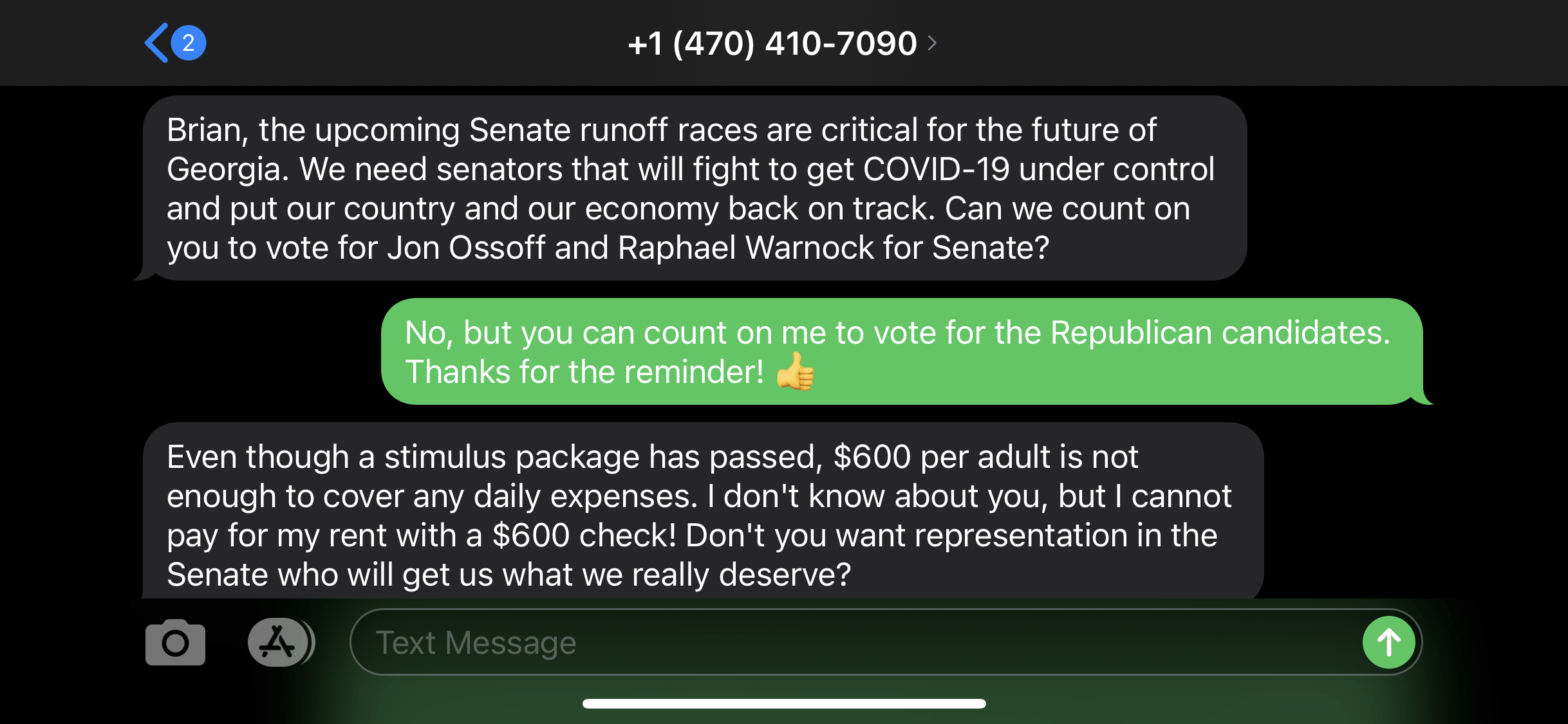 A text exchange between the Georgia Democrat party and WIBC writer, Brian B.