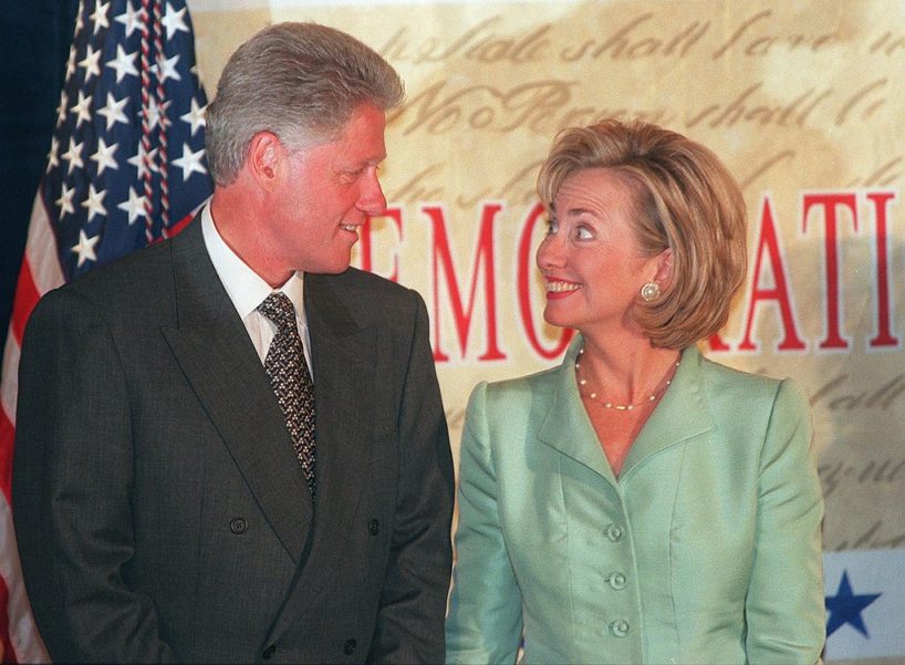 WASHINGTON, : US First Lady Hillary Clinton (R) smiles at US President Bill Clinton at a fundraising event 10 September in Washington, DC. Earlier, Independent Counsel Kenneth Starr submitted his report to the Congress regarding the president's handling of an alleged affair with White House intern Monica Lewinsky. AFP PHOTO/TIM SLOAN