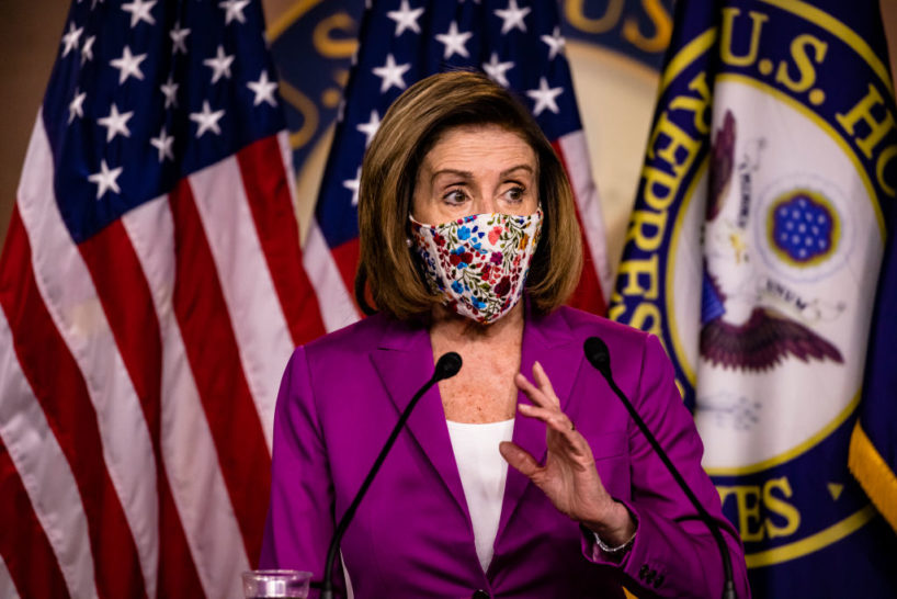 Speaker of the House Nancy Pelosi calls for the removal of President Donald Trump from office either by invocation of the 25th Amendment by Vice President Mike Pence and a majority of the Cabinet members or Impeachment at the U.S. Capitol on January 7, 2021 in Washington, DC. Following a rally yesterday with President Donald Trump on the National Mall, a pro-Trump mob stormed and broke into the U.S. Capitol building causing the Joint Session of Congress to delay the certification of President-elect Joe Bidens victory over President Trump. (Photo by Samuel Corum/Getty Images)