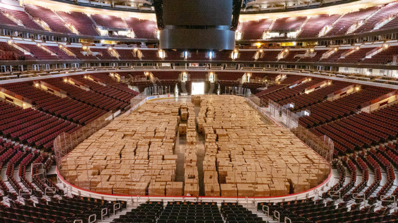 Non-perishable food items sit to be delivered on the floor fo the United Center in the wake of the Coronavirus COVID-19 pandemic, Friday, April 17, 2020, in Chicago, Illinois, United States. (Photo by Jason Whitman/NurPhoto via Getty Images)