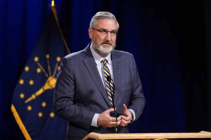 Indiana Gov. Eric Holcomb delivers his State of the State address virtually, Tuesday, Jan. 19, 2021, in Indianapolis.