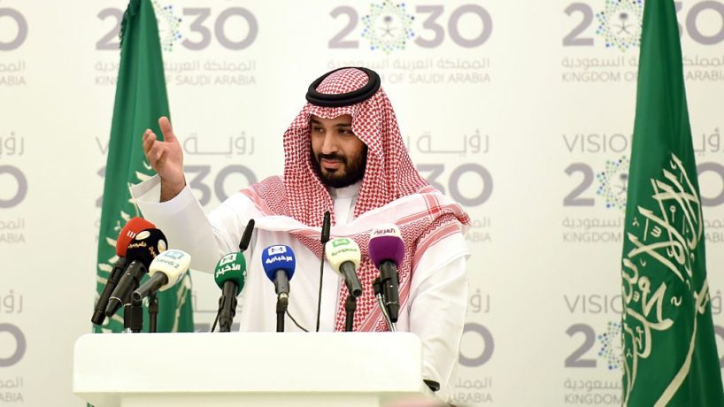 Saudi Defense Minister and Deputy Crown Prince Mohammed bin Salman gestures during a press conference in Riyadh, on April 25, 2016.