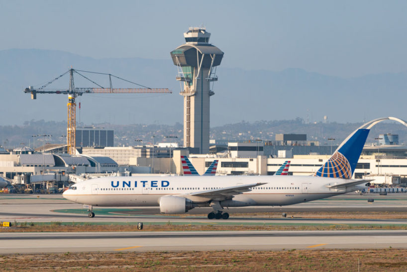 United Airlines Boeing 777 takes off from Los Angeles international Airport on August 27, 2020 in Los Angeles, California.