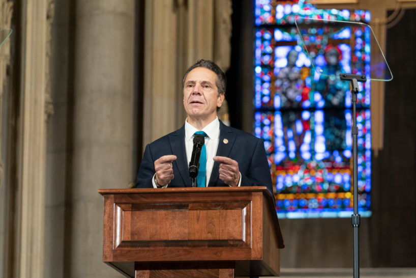 Governor Andrew Cuomo delivers remarks at Riverside Church during morning worship on the inequities in the Trump administration's vaccine distribution plan. The Governor declared that New York State will mobilize an army to vaccinate all New Yorkers fairly, equitably. Governor reminded to the audience words by Reverend Dr. King who said of all the forms of inequality, injustice in health is the most shocking and the most inhumane because it often results in physical death. (Photo by Lev Radin/Pacific Press/LightRocket via Getty Images)