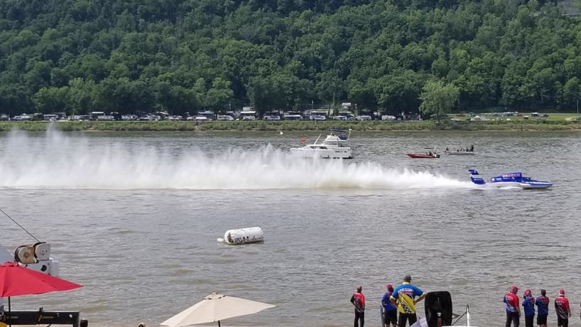 An unlimited hydroplane glides across the Ohio River during the 2019 Madison Regatta.