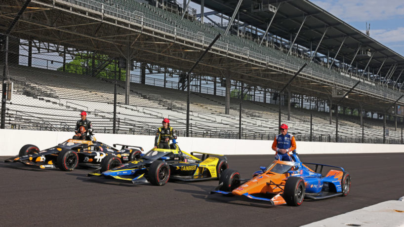 From left to right NTT Indy Car Series drivers Rinus VeeKay (21) and Colton Herta (26) and Scott Dixon (9) pose for a photo during the front row photo shoot for the 105th running of the Indianapolis 500 on May 24, 2021 at the Indianapolis Motor Speedway in Indianapolis, Indiana.