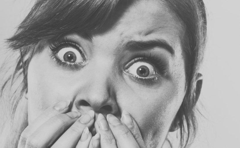 Emotions feelings psychology adrenaline concept. Nervous lady expressing fear. Young scared girl intimidated feeling endangered threatened intimidated.