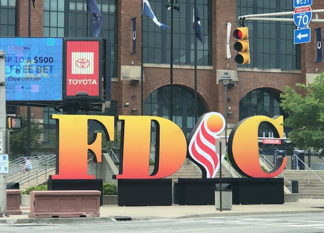 A sign with big letters "FDIC" outside Lucas Oil Stadium