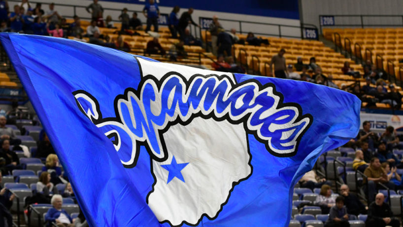 The Indiana State University (ISU) Sycamores flag flies during the game against the Valparaiso University Crusaders, Thursday, December 28, 2017, on Nellie and John Wooden Floor at the Hulman Center in Terre Haute, Indiana.