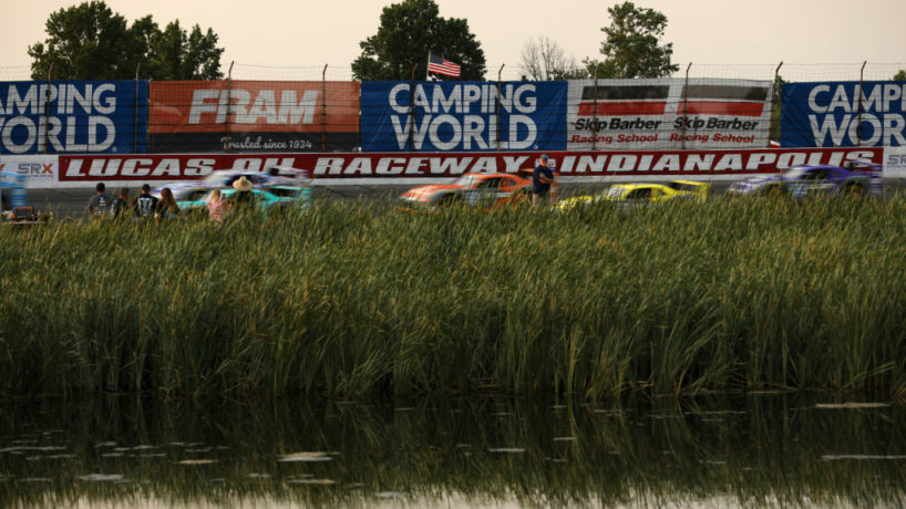 A general view of the action during a heat race during the Camping World Superstar Racing Experience event at Lucas Oil Raceway on July 03, 2021 in Indianapolis, Indiana.