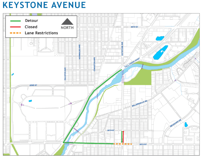 A map of the closure of Northbound Keystone Ave. at 38th Street.