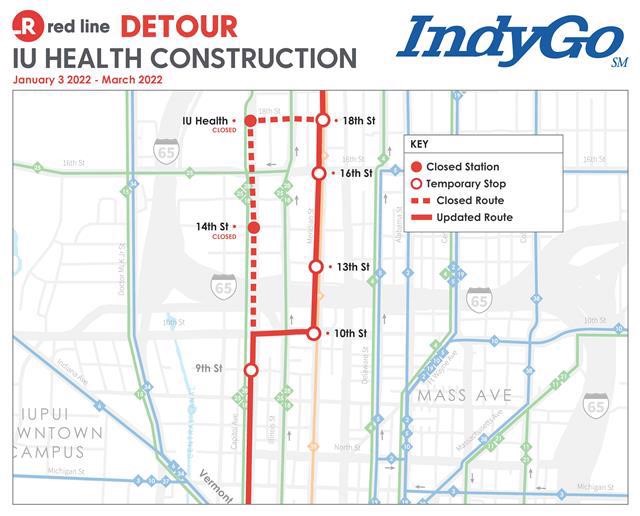 A map of planned IndyGo detoured routes and closed stations near IU Health Methodist Hospital.