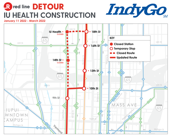 IndyGo map showing detours and station closures near Methodist Hospital.`