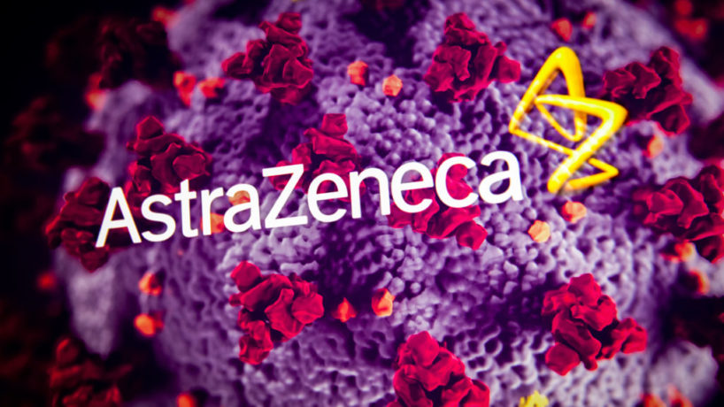 The logo of AstraZeneca is seen on the image of Coronavirus.