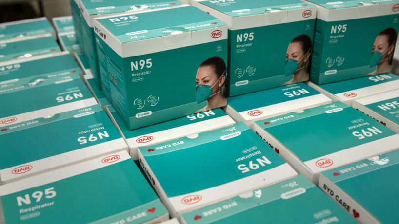 N95 masks sit stored in a medical supply area at the Austin Convention Center on August 07, 2020 in Austin, Texas.