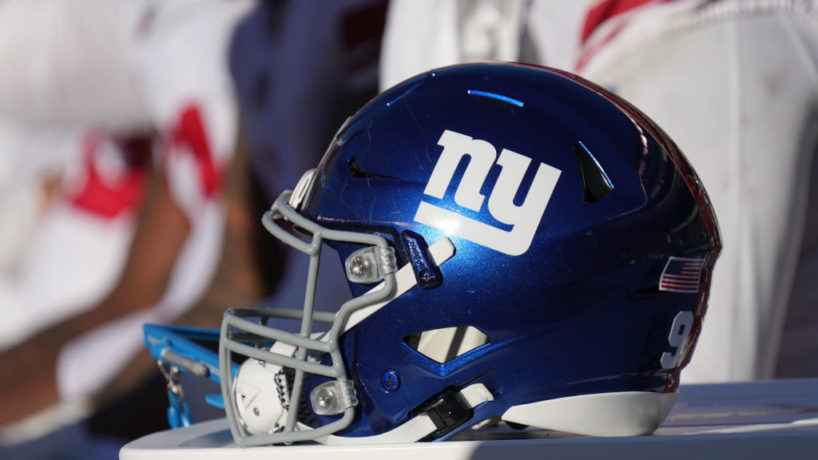 New York Giants helmet sits on a cart during the game between the New York Giants and the Philadelphia Eagles on December 26, 2021.
