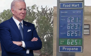 U.S. President Joe Biden admires a sign displaying the enormous rise in gas prices. (Photo by Win McNamee/Getty Images)