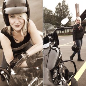 split screen-woman sitting on parked motorcycle and woman walking behind parked motorcycle