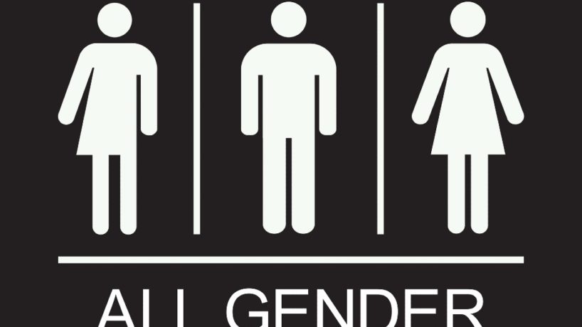 All gender restroom sign. White on Light Black background. Perfect for business concepts, mall, restaurant and office.