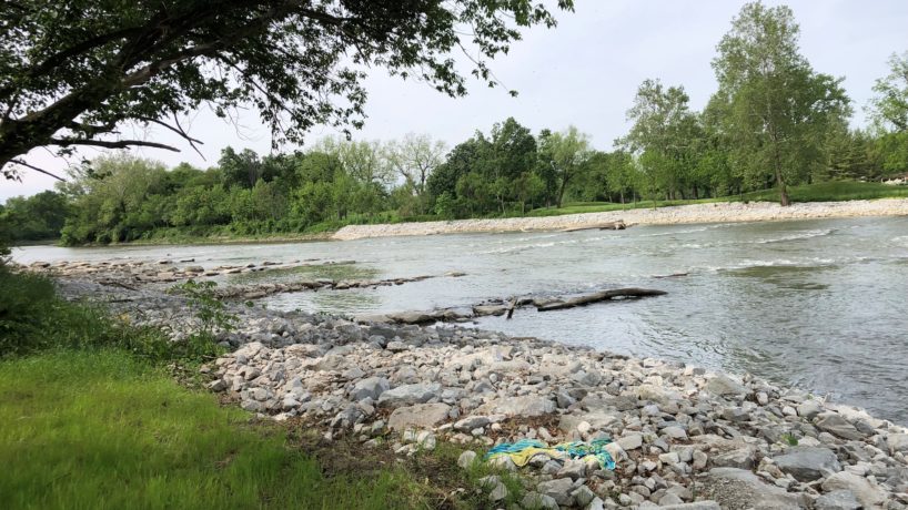 Banks of the White River in Riverside Park, with new "rock ramp" jutting into the water