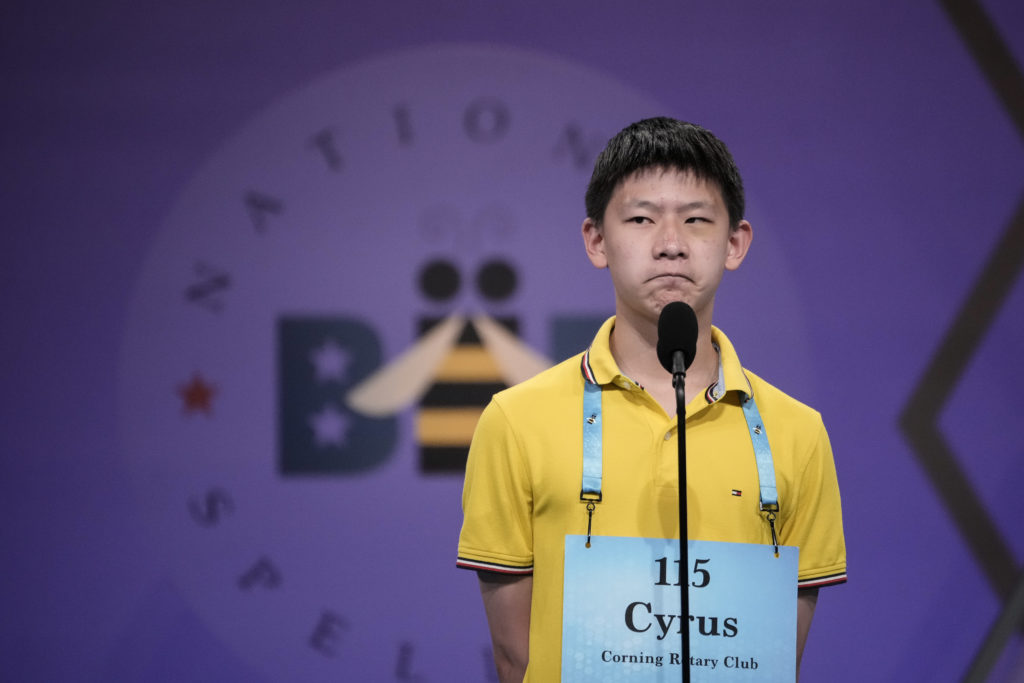 12 year old Cyrus Law from Corning, New York competes in the Scripps National Spelling Bee at the Gaylord National Harbor Resort