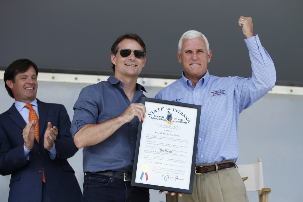 NASCAR driver Jeff Gordon receives the Sagamore of the Wabash award from Indiana Governor Mike Pence
