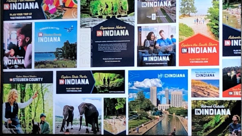 Collage of different branding materials featuring the new "IN Indiana" slogan and logo