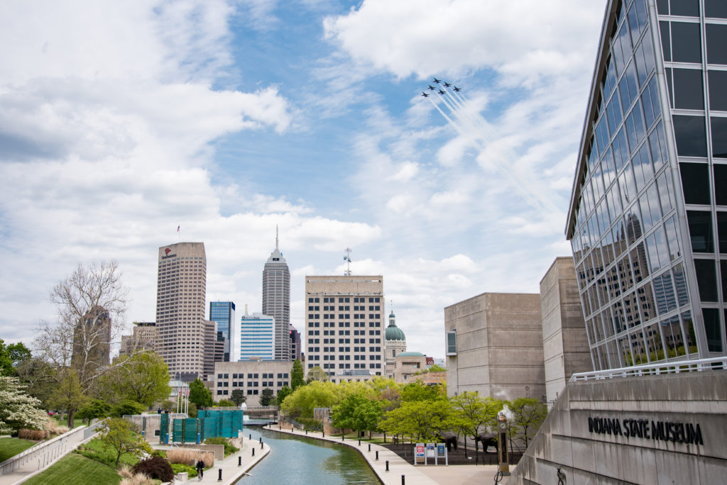 The U.S. Navy Bluefly over downtown Indianapolis