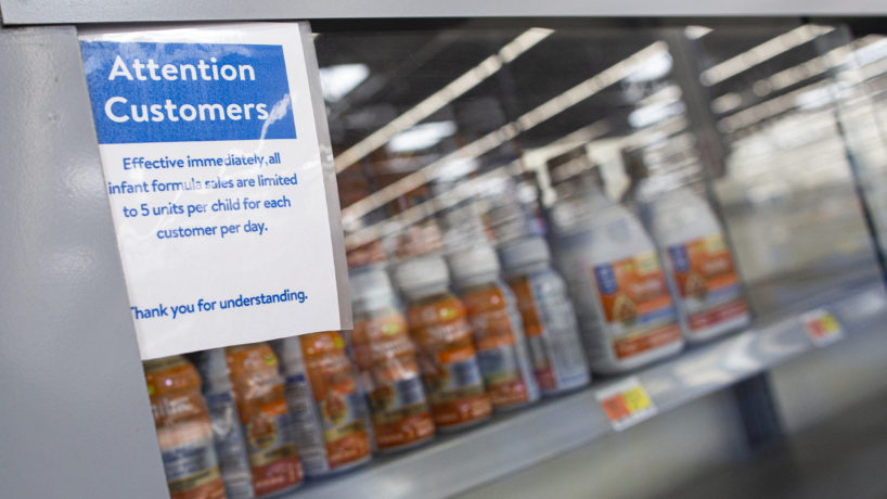 NORTH BERGEN, NJ - MAY 26: A warning sign is displayed as Shelves are empty at a Walmart store during a baby formula shortage on May 26, 2022 in North Bergen, NJ. A recent shortage of baby formula started when safety issues surfaced during inspections at a plant owned by a major supplier named Abbott Nutrition.