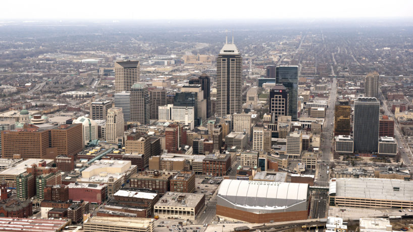 An aerial view of downtown Indianapolis