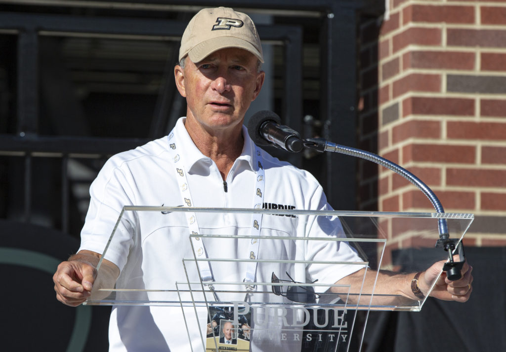 President Mitch Daniels speaks during the opening ceremony of the Tyler Trent Student Gate 