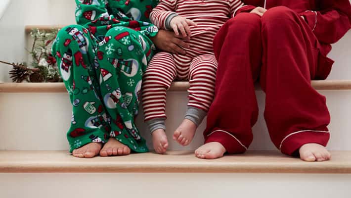 Kids with red and green Christmas pajamas sitting on stairs
