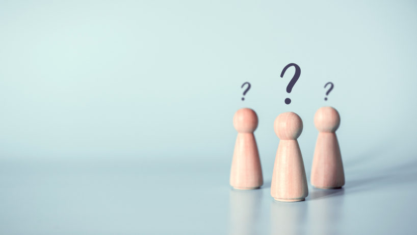 Three people with a question mark icon on blue background, copy space.