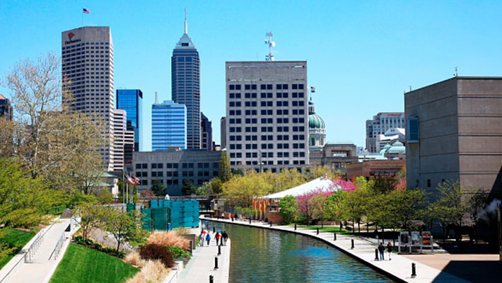 The Canal Walk and skyline of downtown Indianapolis Indiana