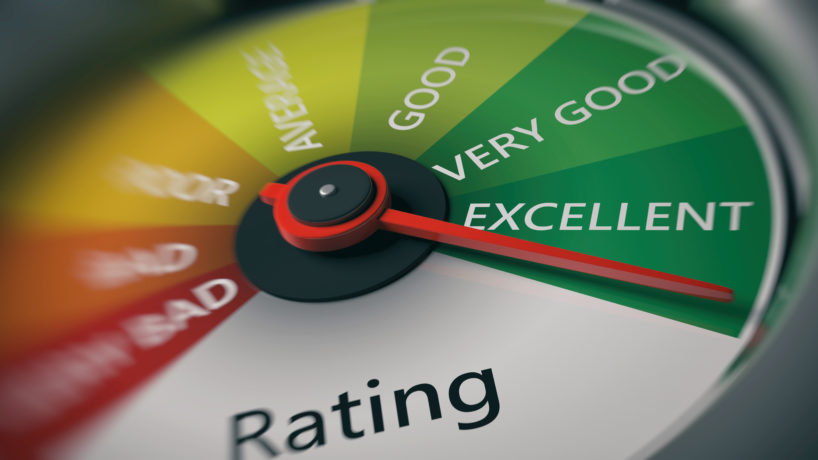 Rating, customer feedback concept. Car speedometer, excellent rating close up. 3d illustration